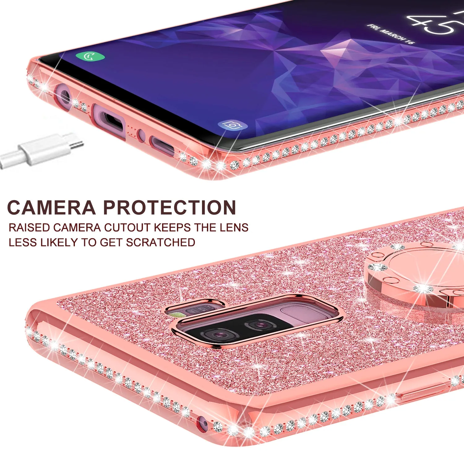 Samsung Galaxy S9 Case, SM-G960U Case, Glitter Cute Phone Case Girls with Kickstand,Bling Diamond Rhinestone Bumper Ring Stand Sparkly Luxury Clear Thin Soft Protective Samsung Galaxy S9 Case for Girl Women - Rose Gold