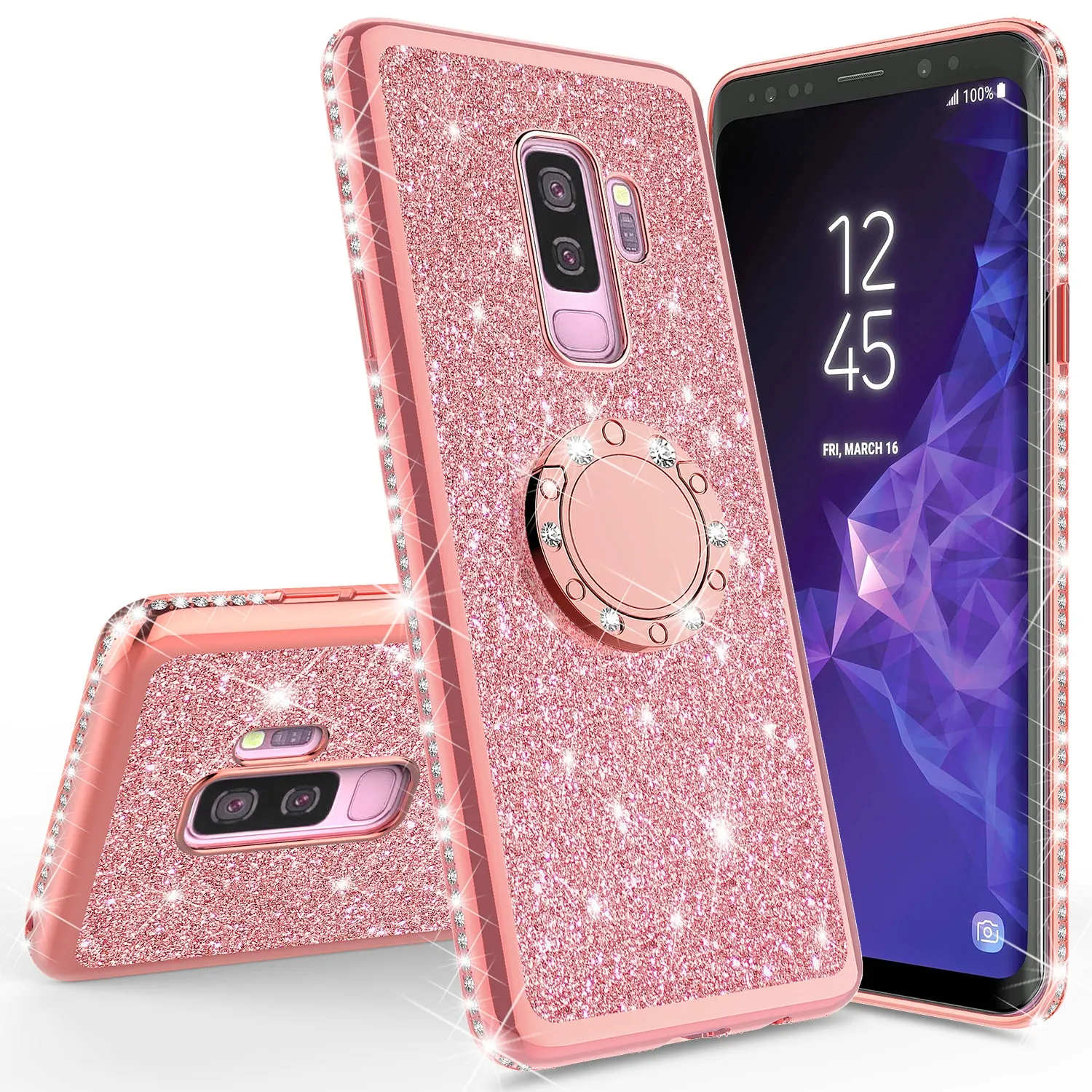 Samsung Galaxy S9 Case, SM-G960U Case, Glitter Cute Phone Case Girls with Kickstand,Bling Diamond Rhinestone Bumper Ring Stand Sparkly Luxury Clear Thin Soft Protective Samsung Galaxy S9 Case for Girl Women - Rose Gold