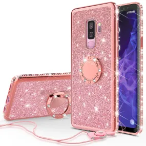 Samsung Galaxy S9 Case, SM-G960U Case, Glitter Cute Phone Case Girls with Kickstand,Bling Diamond Rhinestone Bumper Ring Stand Sparkly Luxury Clear Thin Soft Protective Samsung Galaxy S9 Case for Girl Women - Rose Gold