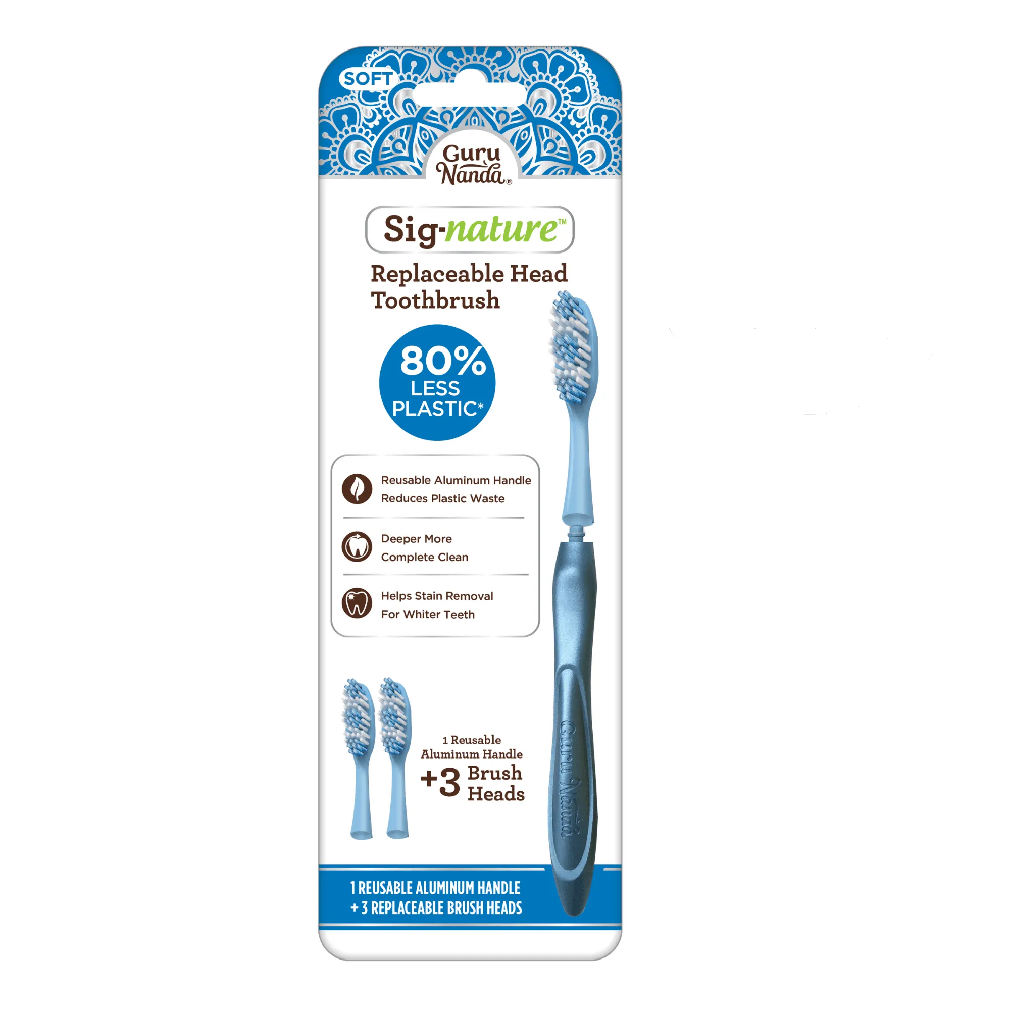 Sig-nature Aluminum Reusable Toothbrush   3 Replacement Brush Heads