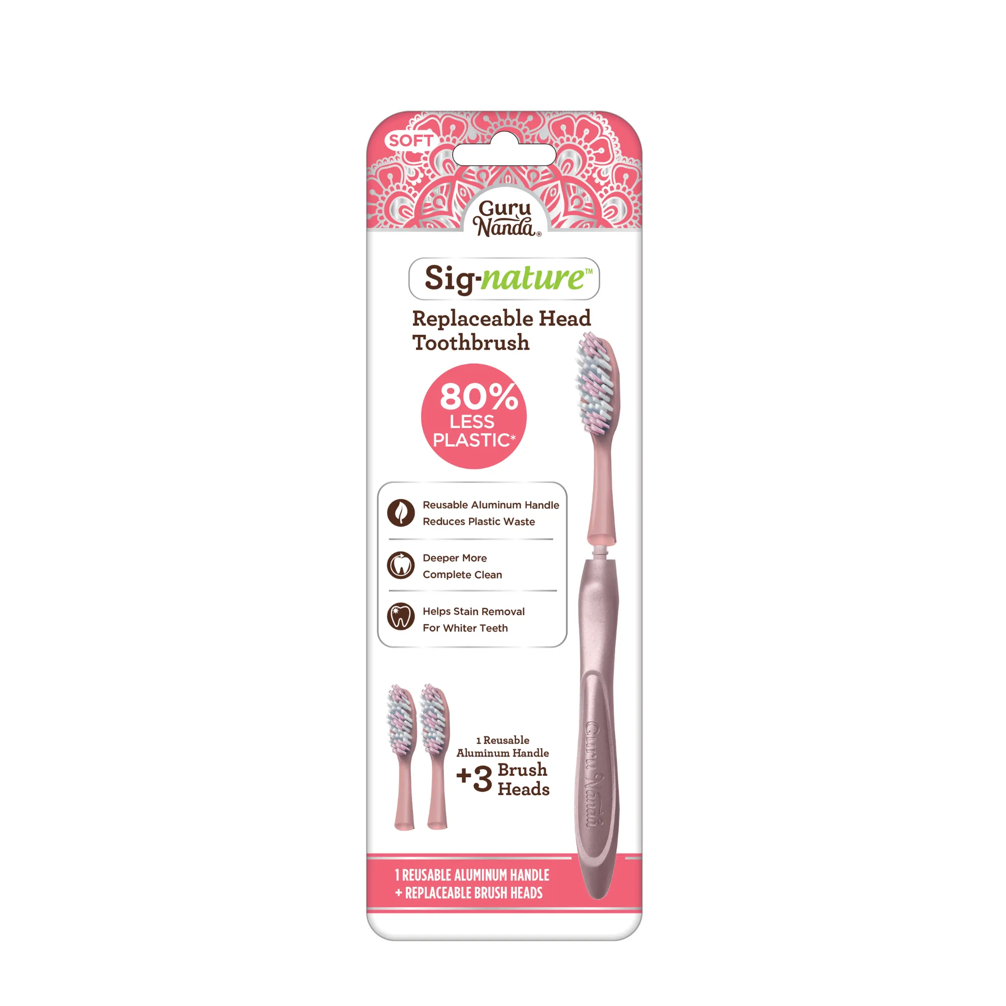 Sig-nature Aluminum Reusable Toothbrush   3 Replacement Brush Heads