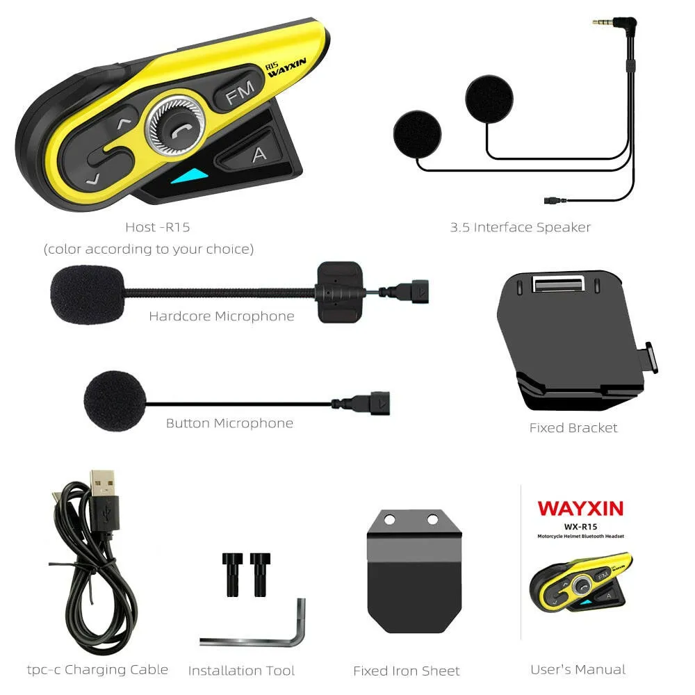 WAYXIN 2 Pcs 1200M Bluetooth Intercom Motorcycle Helmet Headsets 2 Rider BT Wireless Walkie Talkie Moto Interphone R15 FM Radio