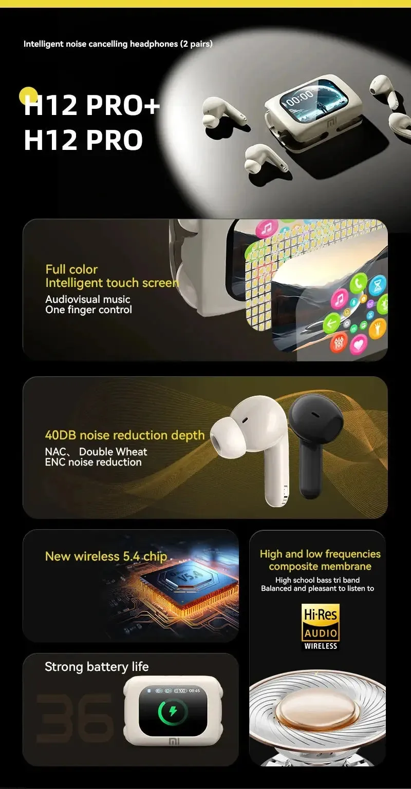 Xiaomi New Two Pairs Of Headphones Per Box Multi PurposeTouch Screen Display ANC ENC H12 Wireless Earbuds Bluetooth5.4 Earphones