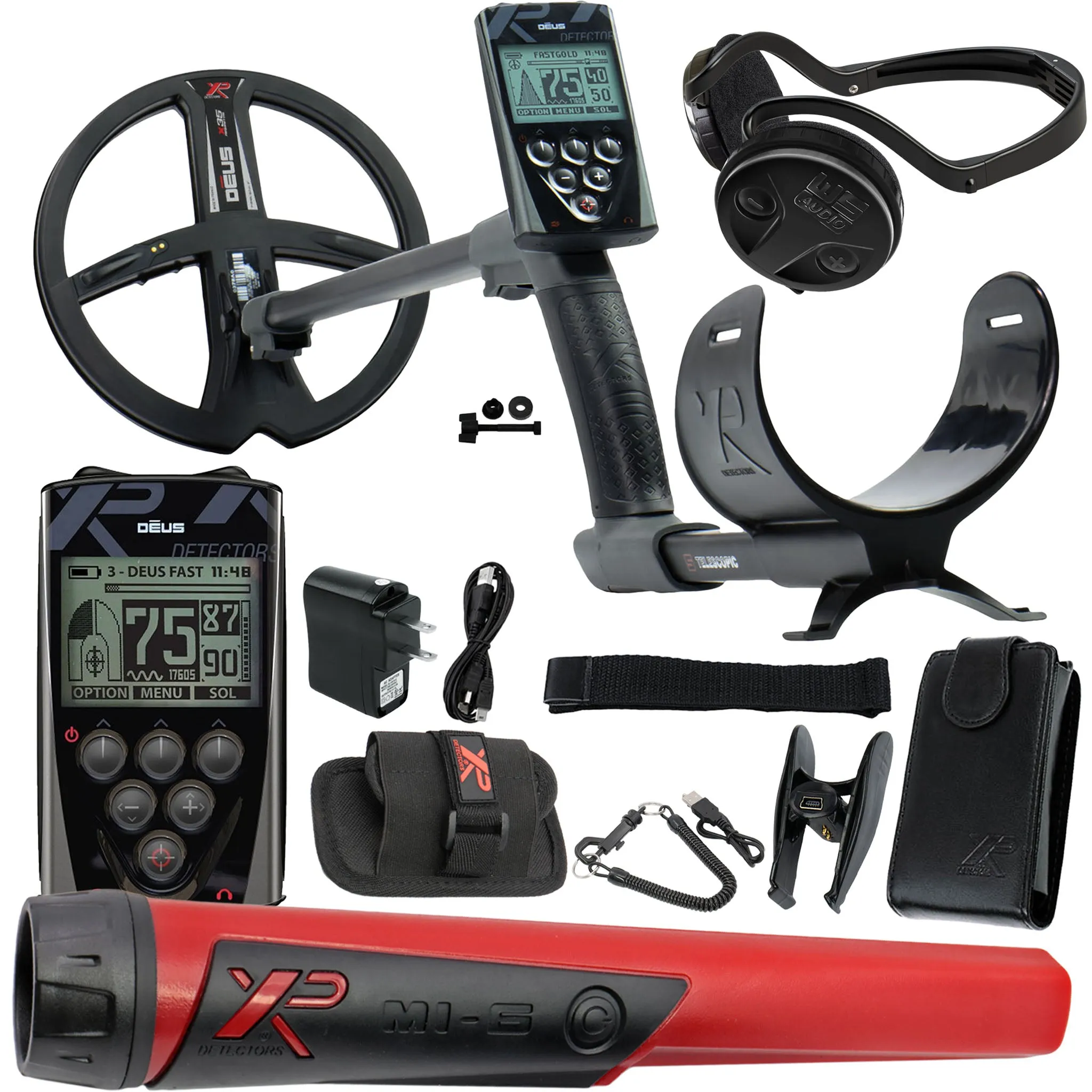 XP Deus Metal Detector with Remote and 9” X35 Search Coil, WSAUDIO Headphones, and MI-6 Pinpointer